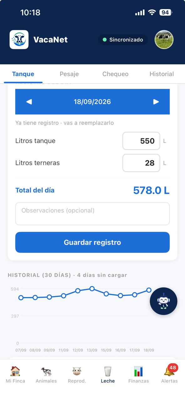 Registro de leche del día en la app VacaNet